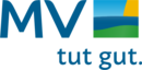 Logo mit den blauen Buchstaben 'MV' und einem stilisierten Landschaftsbild mit Sonne, Meer und grünem Land sowie dem Schriftzug 'tut gut.' darunter